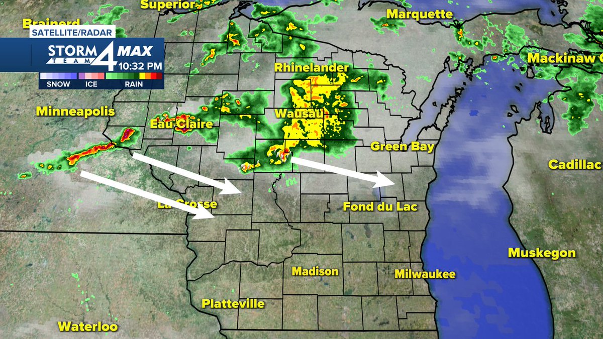 1030pm radar update:  Watching storms to our NW.  The ones firing up in Minnesota will have best chance of reaching us by the Early AM hours.  #wiwx #weather https://t.co/3WaQAVIJnE