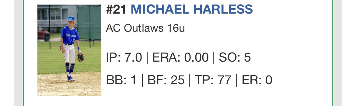 MHarless_21's tweet image. I had a great weekend at the #MASelect I pitched a 77 pitch complete game, 7 innings, 4 hits, 1 walk, 5 strikeouts, no runs. @PG_Scouting @PGMidAtlantic @Absegami_Bsbl @UT_Baseball @DaytonBaseball @JUBaseball