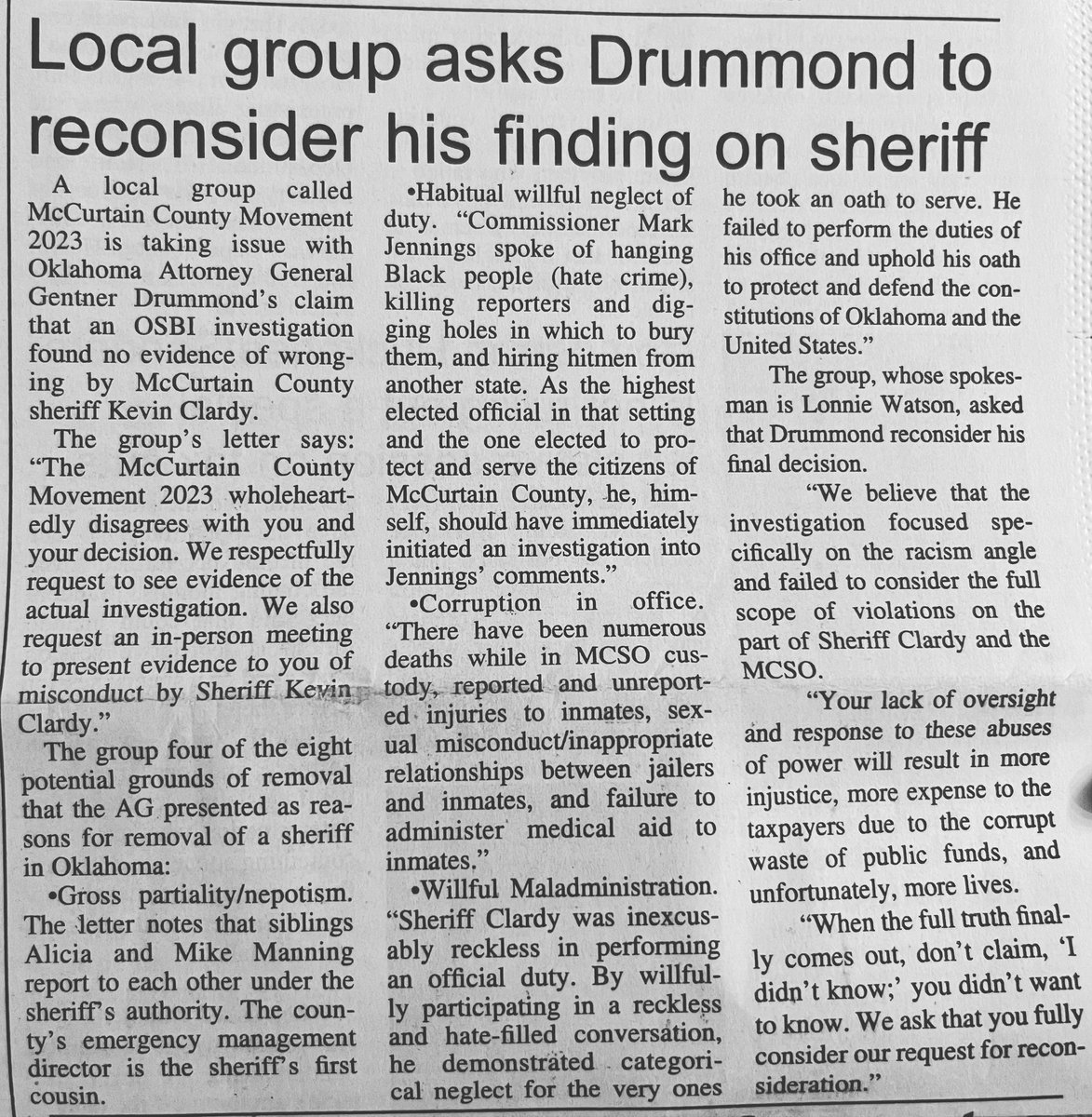 mcm_2023's tweet image. McCurtain County Movement 2023 asks AG Drummond to reconsider his finding on Sheriff Clardy
#mccurtaingazette #ThursdayEdition