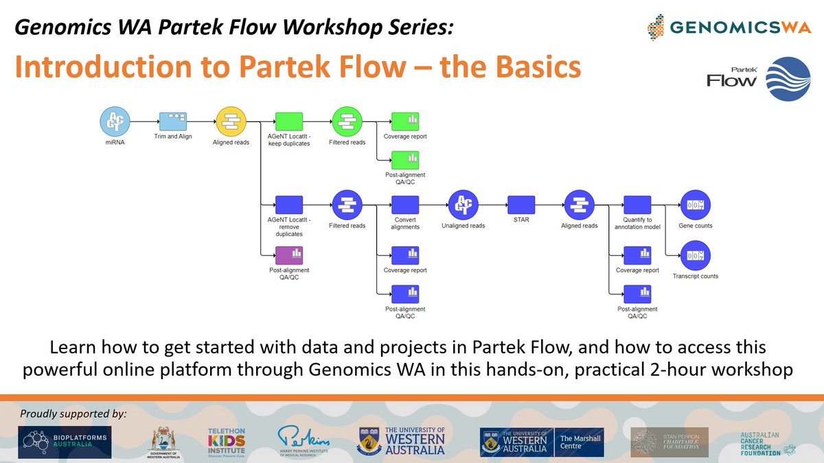 Learn how to use Partek Flow, a powerful online #Bioinformatics platform. This is a 2-hour small group workshop held in person in Perth. For more details see forms.gle/YLtoE1kChzz38i… @Partek_Inc #Genomics