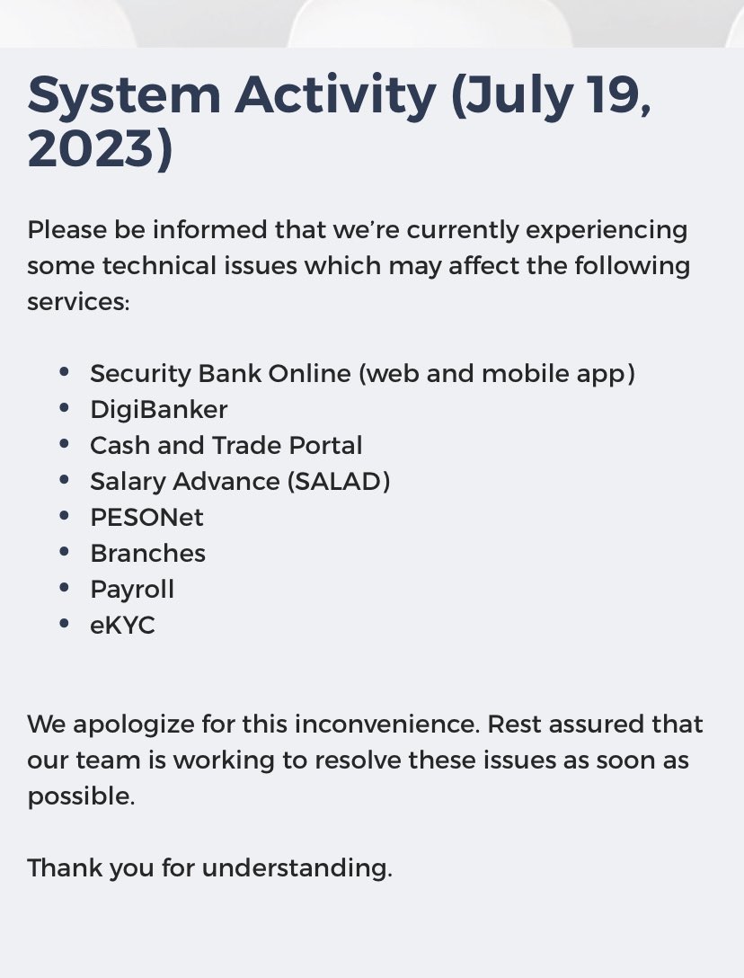 Security Bank clients are reporting extended system downtimes, which started yesterday and have yet to be resolved.

Security Bank says that its website, mobile, DigiBanker, and PESONet services are all being affected by “some technical issues.” | via <a href="/lanceyu_/">Lance Spencer Yu</a>