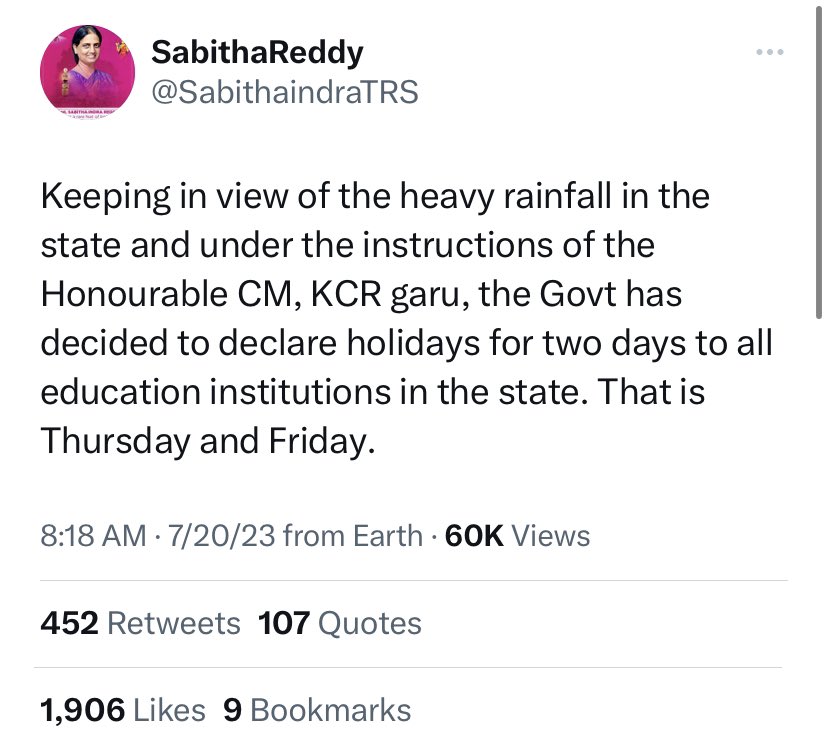 Daughter left for school in heavy downpour. She is unwell but has to go since she has an exam! Bus comes at 7:30, school starts at 8:15. 
Education minister declares holidays for two days at 8:18am! Met department declared orange alert to the city 2 days ago. #HyderabadRains