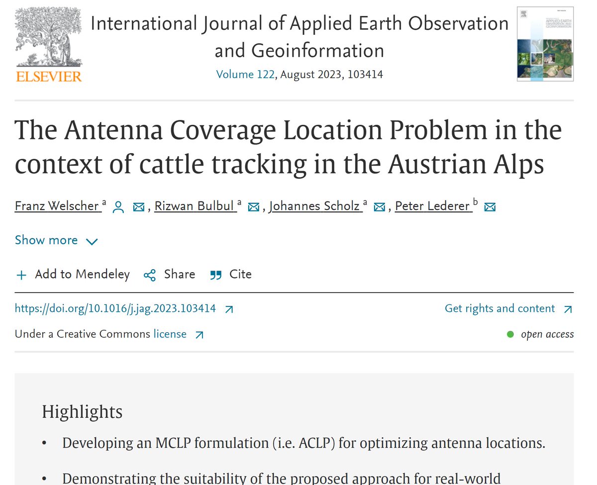 Johannes Scholz (@joe_gisc) on Twitter photo New paper alert: "The Antenna Coverage Location Problem in the context of cattle tracking in the Austrian Alps" with <a href="/Holz1GST/">Franz Welscher</a> <a href="/BulbulRizwan/">bulbul@tugraz</a> and <a href="/viehfinder/">ViehFinder</a> doi.org/10.1016/j.jag.…
#GIScience #GIS #optimization #mclp #spatial #Geography New paper alert: "The Antenna Coverage Location Problem in the context of cattle tracking in the Austrian Alps" with <a href="/Holz1GST/">Franz Welscher</a> <a href="/BulbulRizwan/">bulbul@tugraz</a> and <a href="/viehfinder/">ViehFinder</a> doi.org/10.1016/j.jag.…
#GIScience #GIS #optimization #mclp #spatial #Geography