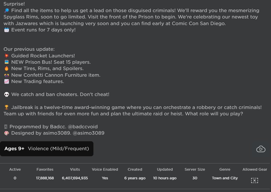 Juice6977's tweet photo. @badimo Jailbreak with 0 active players!? What happened? #RobloxDown https://t.co/z911mxNYnD