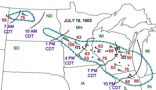July 19, 1983:

The I-94 derecho tore through the Northern Plains and Upper Midwest. Minnesota and Wisconsin were hit hard, as 34 people were injured and hundreds of thousands of customers lost power. Wind gusts of 100+ mph were recorded at the Alexandria, MN airport.

#wxhistory https://t.co/vUs3QmJBmb
