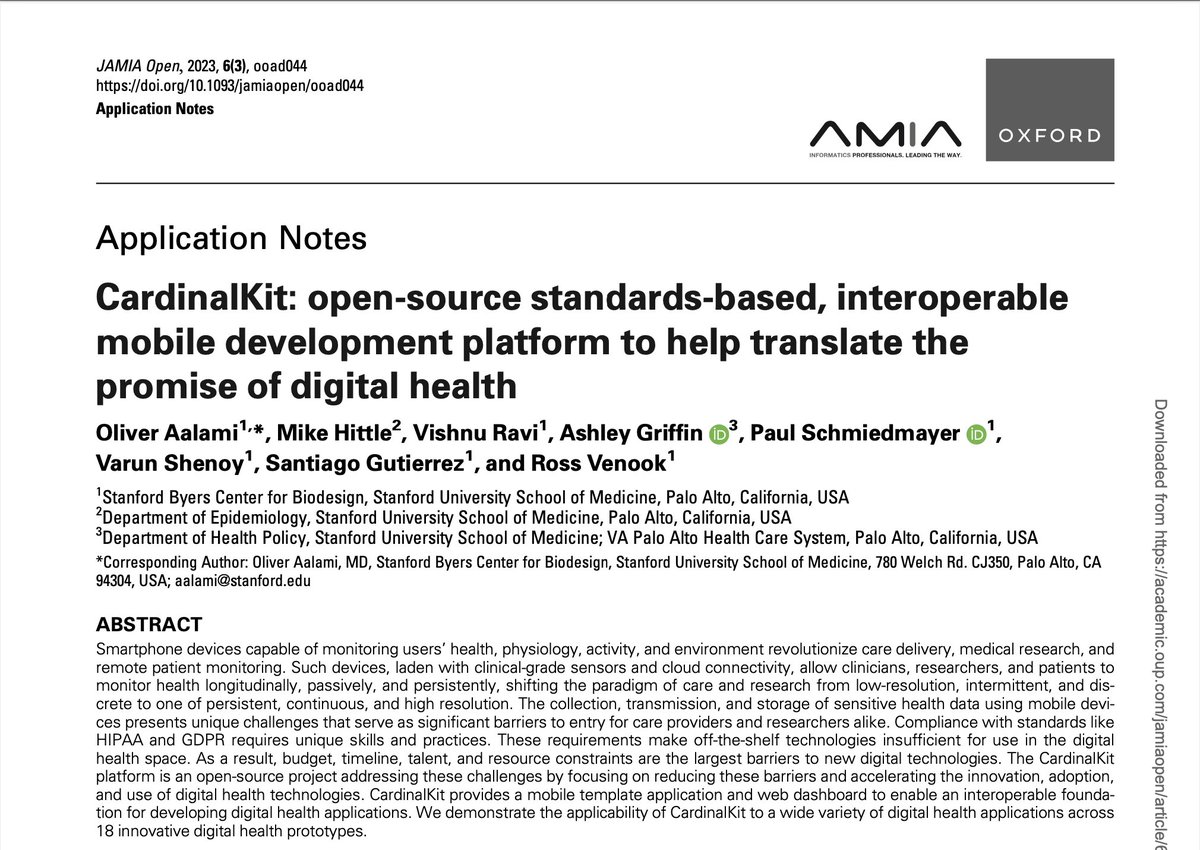 Check out our latest publication about #CardinalKit in JAMIA Open: doi.org/10.1093/jamiao…

A great overview of the origin, existing projects using the template application, and the amazing work done at <a href="/SUBiodesign/">Stanford Biodesign</a> <a href="/Stanford/">Stanford University</a> over the last years under the leadership of <a href="/DrAalami/">Oliver Aalami</a>