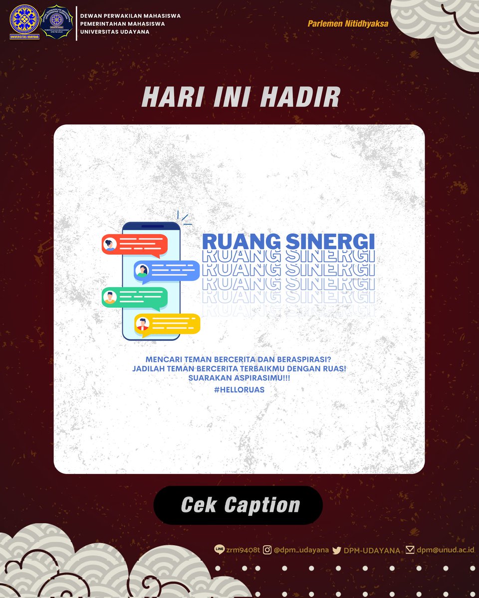 Mencari teman bercerita dan beraspirasi?
Jadilah teman bercerita terbaikmu dengan Ruas!
#HelloRuas

Selengkapnya dapat di akses melalui ig @dpm_udayana