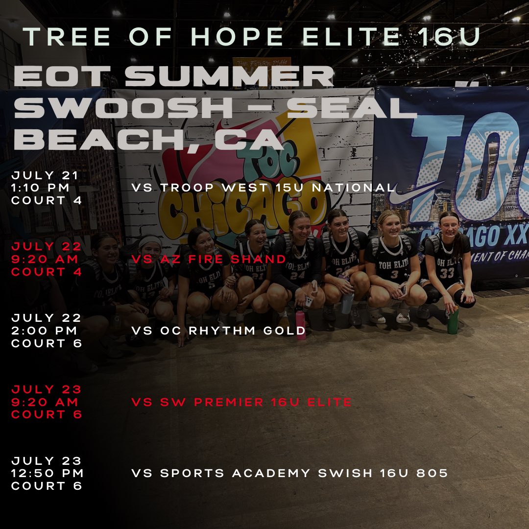 Tree of Hope Elite 16U schedule for this weekend at EOT Summer Swoosh in Seal Beach, CA.