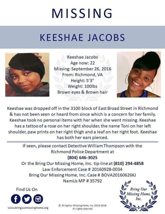 wildpartymix's tweet photo. @tringe Challenge accepted. This is #KeeshaeJacobs, missing since Sept 2016. Turn the hashtag #CarleeRussell into something very important and more useful. ππ#nowcarlee https://t.co/7Y6wJn7B4N