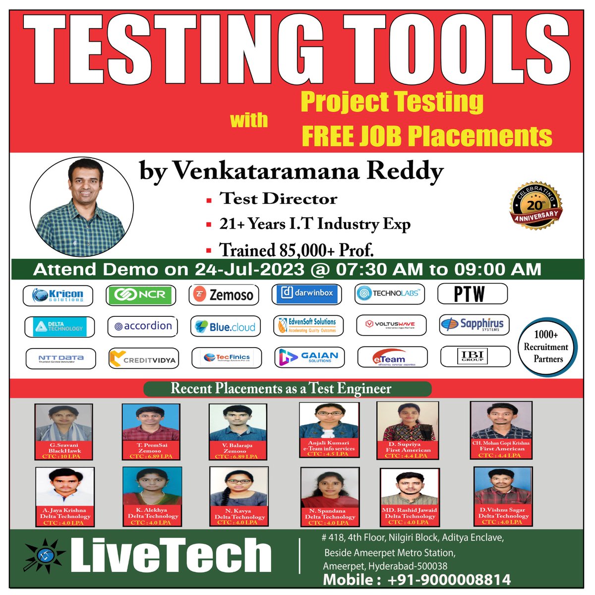 LiveTechTesting's tweet image. New Batch: 24-July-2023, Monday Timings: 07:30 AM to 09:00 AM Please visit our website :livetech.in Placements : facebook.com/livetechqa   For more details Please call us on 9000008814 LiveTech  #softwaretesting #manualtesting #Selenium  #livetechqa #Newbatch