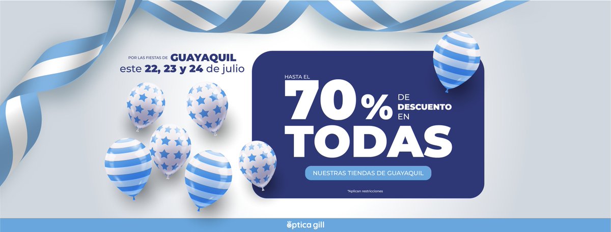 OpticaGill's tweet photo. ¡Seguimos siendo las diferencia desde 1932!
Celebremos las Fiestas Julianas con descuentos increíbles en Óptica Gill

Disfruta de hasta un 70% de descuento en todas nuestras tiendas de Guayaquil del 22 al 24 de julio de 2023. 

¡No te pierdas esta oportunidad única y ven a visitarnos! 
📍 C.C. Policentro Local #3
📍 Escobedo 419 y Luque
#FiestasJulianas #DescuentosEspeciales #ÓpticaGill #Guayaquil