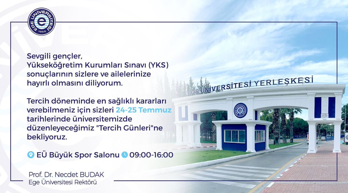 UniversiteEge's tweet photo. Üniversitemize ve tanıtım etkinliklerimize dair detaylı bilgilere https://t.co/T22wdSqH6n adresinden ulaşabilirsiniz.
@ProfNecdetBudak 
#yks2023 https://t.co/G5cCWwoJie