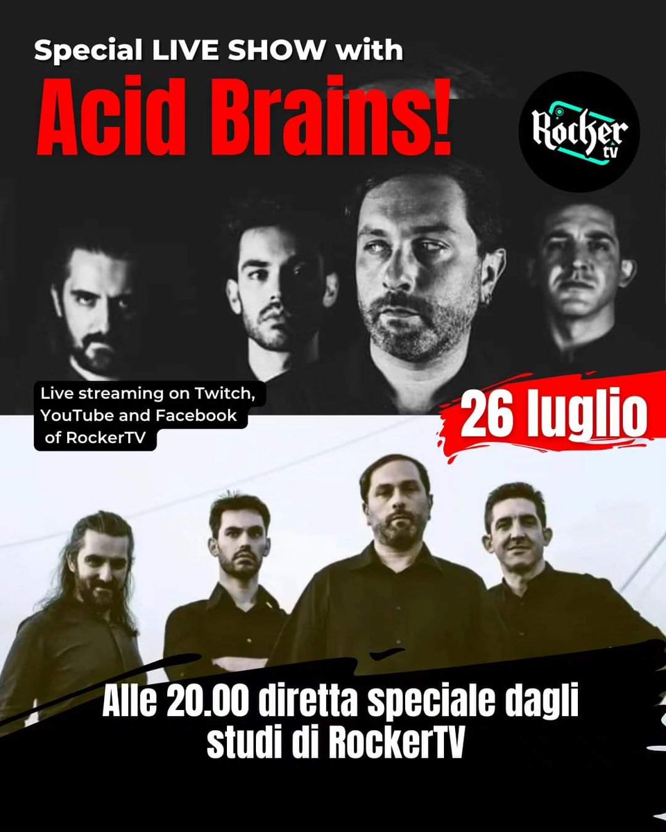 AcidBrains's tweet photo. 26/7 alle 20.00 SPECIAL LIVE SESSION direttamente dagli studi di Rocker TV con la band @acidbrains.band
che presenteranno rigorosamente dal vivo il nuovo EP “IL CAOS VOL. 2 “ 💯💥 

Iniziate ad ascoltare gli Acid Brains qui :
https://t.co/qh2K6arose https://t.co/YAqKNLQ3N5