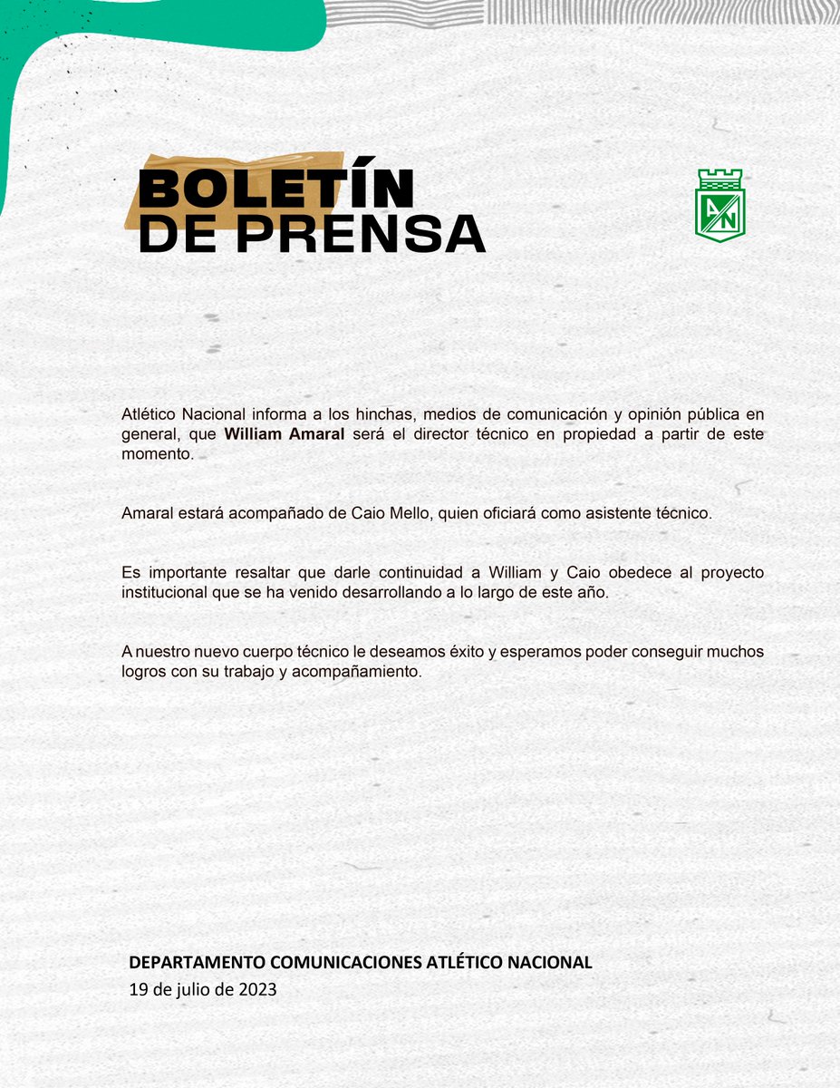 COMUNICADO OFICIAL 📄

William Amaral DT en propiedad de Atlético Nacional
