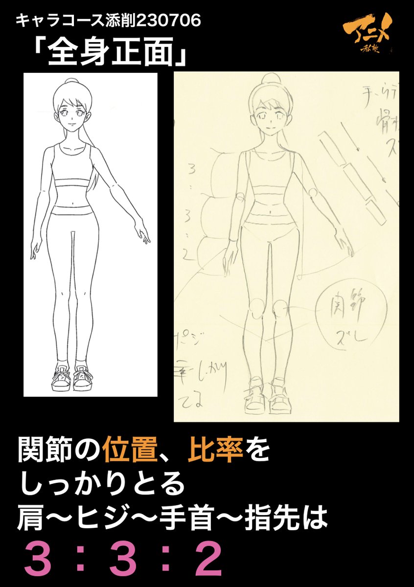キャラコース添削230706「全身正面」 ●関節の位置、比率をしっかりとる 肩〜ヒジ〜手首〜指先は3:3:2