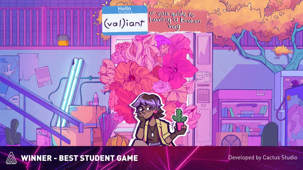 G4C's tweet image. 🎓 (val)iant: or, val's guide to having a broken vag by Cactus Studio wins the Best Student Game award! Addressing sexual education through the lens of a nonbinary college student, this game shows the power of empathy in gaming.