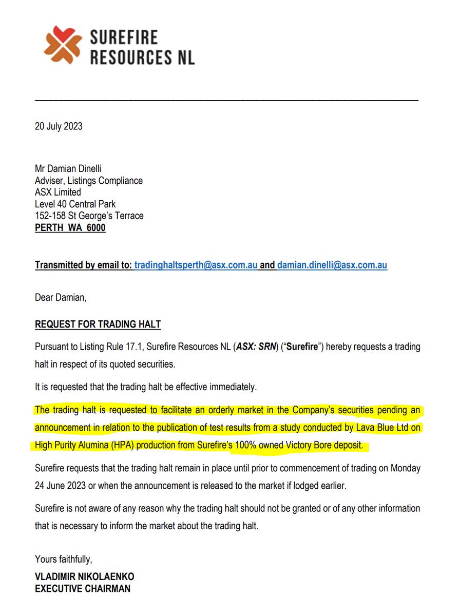 $SRN $SRN.ax Trading halt pending test results for High Purity Alumina (HPA) from their 100% owned Victory Bore deposit.

Thought something was brewing 😎

GLTA & DYOR (not financial advice)

#ASX #Stocks #Vanadium #IronOre #copper #Gold #nickel #batteryminerals #HPA #Alumina