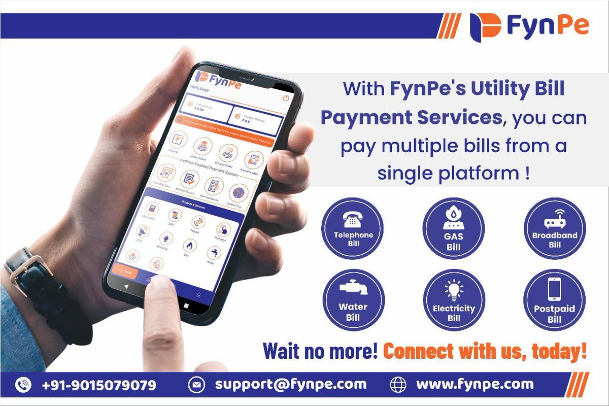 fynpe_payments's tweet photo. Facilitate Utility Bill Payment Services from FynPe at your shop and increase footfalls. Call us and start today !
#utilitybillpayment
#billpay
#paymybills
#ontimebillpayment
#easybillpayment
#onlinebillpayment
#convenientbillpayment
#securebillpayment
#affordablebillpayment https://t.co/vAnpZGGAfu