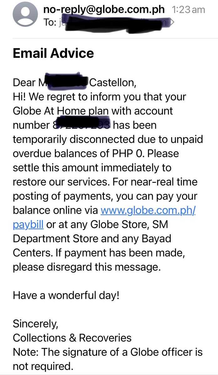 justcastellon's tweet photo. Dear @enjoyGLOBE 

You were advising me that you’ve been temporarily disconnected my internet due to unpaid overdue balance of PHP 0.00

Please let me know how to settle the PHP 0.00 in any payment method available.

Sincerely,

Your Customer

P.S.: Send your bots/ AI to customer service training programs 😁