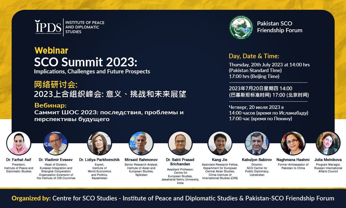 IPDS and Pakistan SCO Friendship Forum, in collaboration with the Centre for #SCO Studies, are hosting the webinar titled 'SCO Summit 2023: Implications, Challenges & Future Prospects.' Date & Time: Thursday, 20 July 2023 | 14:00 Hrs (Standard Pakistan Time)