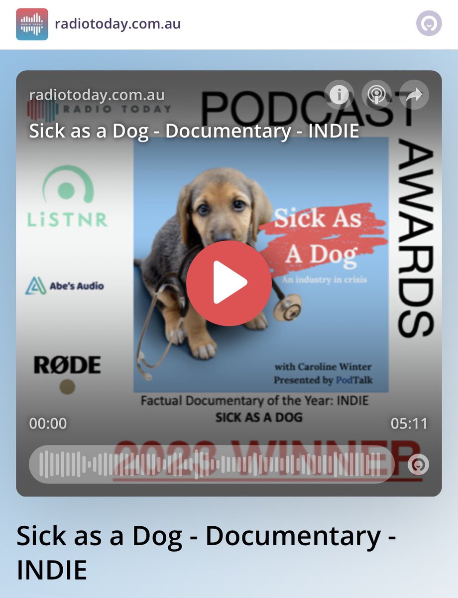 Absolutely thrilled to win the Radio Today Factual documentary of the year: INDIE for Sick As A Dog. 

A huge thanks to everyone at <a href="/radiotodayanz/">radiotoday.com.au</a> and congrats to all the 2023 winners👏🏻

omny.fm/shows/radiotod…