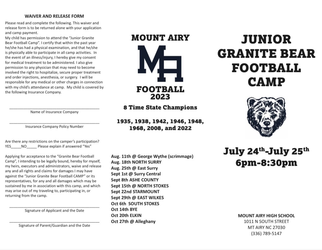 ATTN future <a href="/GraniteBears/">MA Athletics</a> 🏈
‘23 Junior <a href="/granitestrong1/">Granite Strong</a> Football Camp (@ HS Field)
Mon &amp; Tues July 24 &amp; 25
$40 Pre $50 Day of Camp
FORM
bit.ly/44nzhm3
*Print or Stop by HS Main office to pick up GO 🐻 <a href="/MACSchools/">Mount Airy City Schools</a> <a href="/MrCoryLeeSmith/">Cory Smith</a> <a href="/MABearHistorian/">MA Bears Historian</a>
