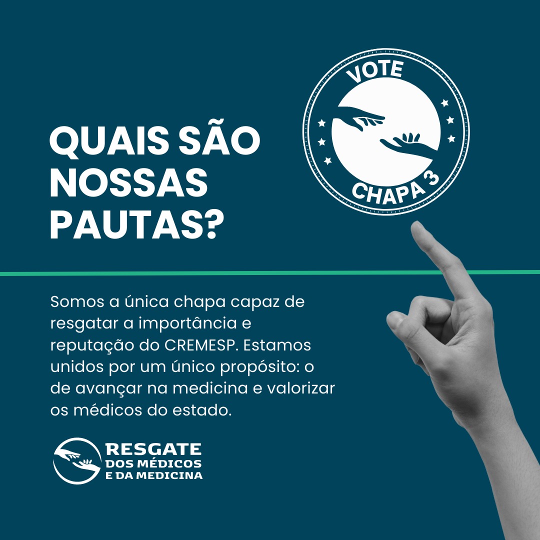 ResgateChapa3's tweet photo. Nós, da chapa 3, queremos que os médicos voltem a acreditar no CREMESP, com um trabalho ético e que atenda as demandas de todos os profissionais do estado. Conheça nossas principais pautas: https://t.co/oM6ovMwsHo