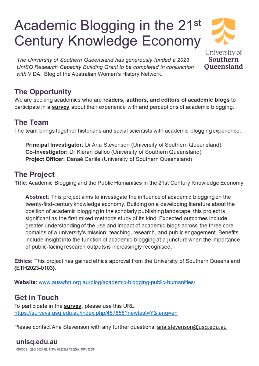 I am very excited to be starting a new research project about academic blogging and its role in the 21C academy with @KieranBalloo and @DanaeCarlile!

We are now recruiting readers, authors, and/or editors of academic blogs as survey participants.

Survey: surveys.usq.edu.au/index.php/4578…