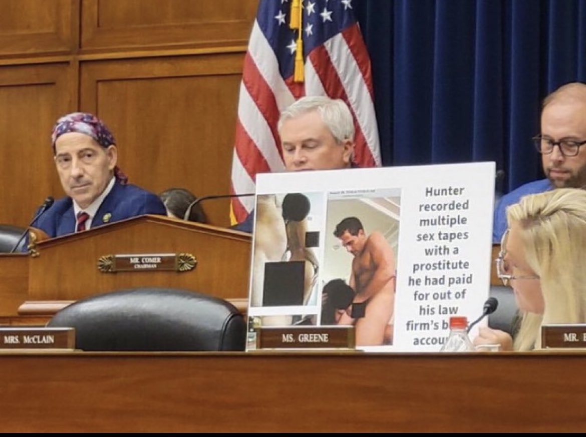 Rep. @mtgreenee showed a graphic photo of Hunter Biden with a hooker at a Congressional hearing today. 😂She discussed how he paid prostitutes through his law firm, OWASCO PC, and trafficked his victims across state lines in violation of the Mann Act. Furthermore, IRS…