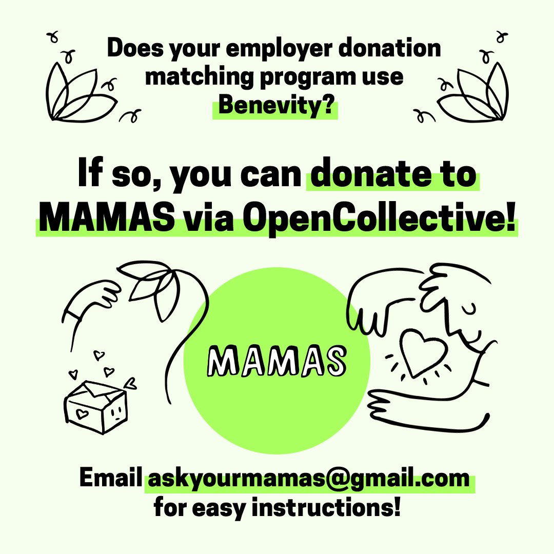 MutualAidMAMAS's tweet photo. Does your employer donation matching program use Benevity? You can donate and give matching funds to MAMAS through Open Collective! Email us at askyourmamas @ gmail or DM for more information. https://t.co/iF1GJdFmUD