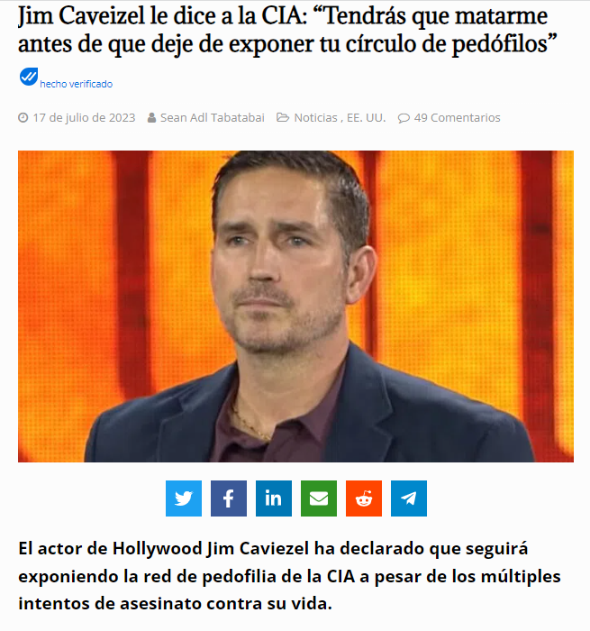 Pildorasdefe's tweet photo. El protagonista de Sound of Freedom, Jim Caveizel ha dicho a la CIA: "Tendrás que matarme antes de que deje de exponer tu anillo de pedófilos". 

Según Caviezel, desde que afirmó públicamente que la CIA "opera la red de pedofilia más grande del mundo", ha sido blanco de múltiples intentos de asesinatos.

Jim Caviezel ha afirmado que seguirá exponiendo la red de pedófilos no solo de la CIA, sino la de todo el mundo.

"No te tengo miedo... Tengo a la Santísima Madre, ella está conmigo. Nuestra Señora de Guadalupe, ella está conmigo. Pero nuestro Señor Jesucristo, a quien amo con todo mi corazón, no te temo en absoluto. Deberías temer a Dios", declaró Jim Caviezel.

¿Oramos por las buenas intenciones de este buen hombre?