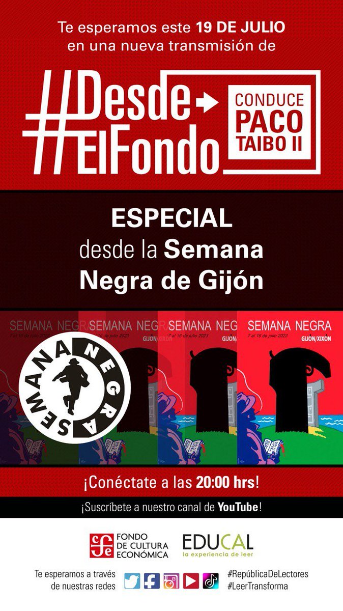 No se pierdan el programa ✨ESPECIAL desde la Semana Negra de Gijón en #DesdeElFondo✨
Hoy 19 de junio.📆
A las 20:00 horas. ⏰
Conduce: Paco Taibo II🤩
#ActividadesLúdicas #LeerTransforma #RepúblicaDeLectores #ProgramaNacionalSalasDeLectura #ComunidadesLectores