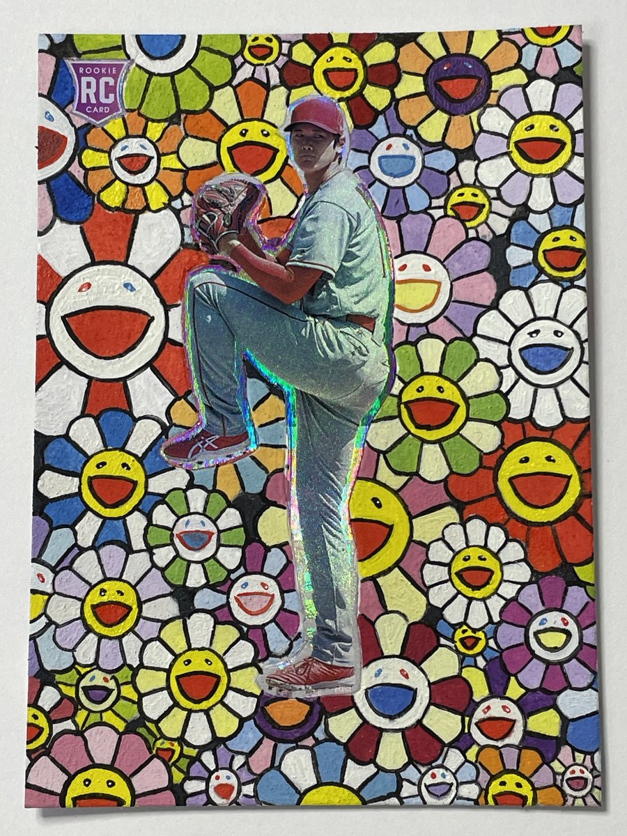 ProjectCurrency's tweet photo. Title:  Shotime!   (after Takashi Murakami)
Medium: Oil paint on authentic 2018 Panini Status Shohei Ohtani Rookie Card #1
TCP Serial Number# 0056
#ShoheiOhtani 
#rookie 
#thehobby 
#sportscards https://t.co/rWsNaHBZw8