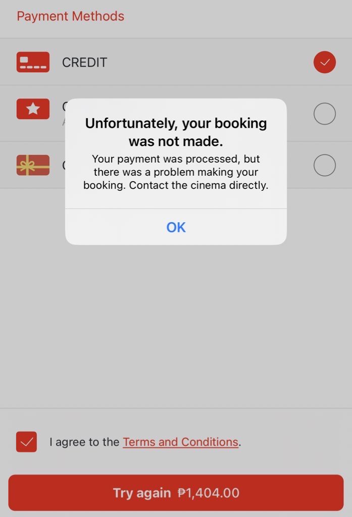 I booked 2 tickets last night to see #Oppenheimer in IMAX today at <a href="/smmegamall/">SM Megamall</a>, but I got this error after paying for them. @sm_cinema y’all need to hire better app developers. 💩 I will not settle for anything less than the seats I booked. They were good seats.