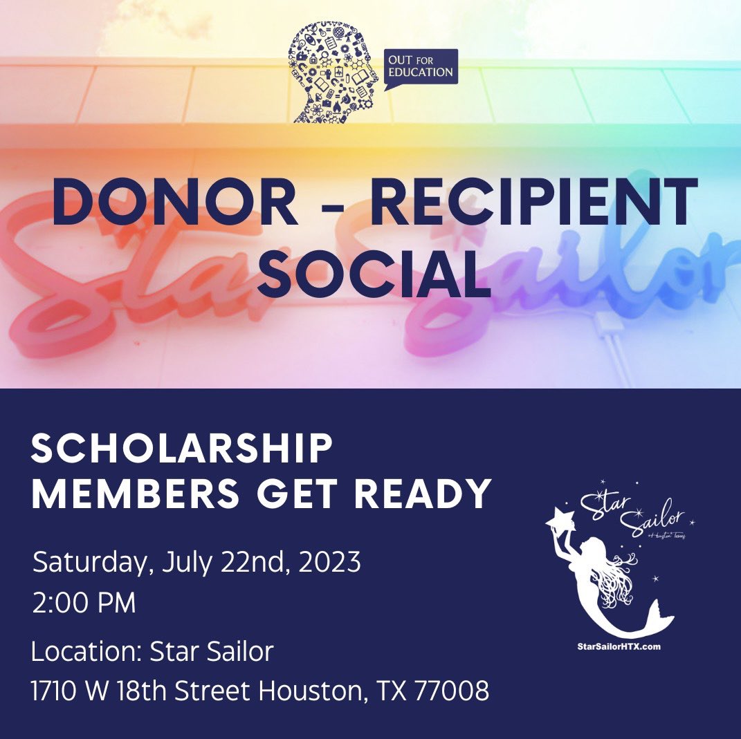 OutForEdHouston's tweet photo. 🌈 ⚓️We can’t wait to see you all this Saturday at Star Sailor! If you volunteered with us for interviews, join us and visit with the students you helped us to select! 

#lgbtq #lgbtq🌈 #lgbtqiap #lgbtqia #lgbtqpride #moneyforcollege #scholarship https://t.co/RY69fqQ10w