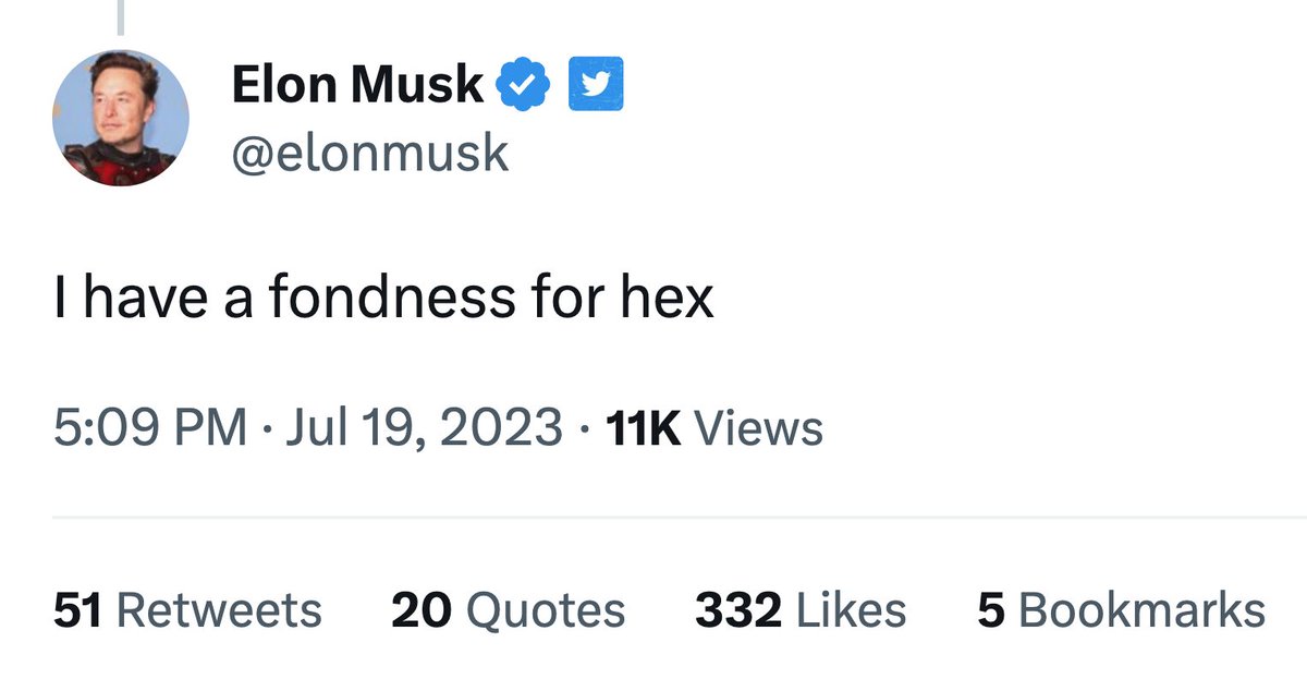 Breaking News 🚨

Elon Musk has 'a fondness for hex' 👀

$HEX to the moon 🚀
