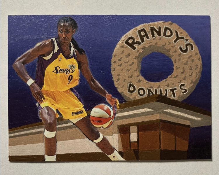 ProjectCurrency's tweet photo. Title:  Better have my donuts!
Medium: Oil paint on authentic 2002 Fleer WNBA Lisa Leslie basketball card #13
TCP Serial Number# 0052
#LisaLeslie
#WNBA 
#LASparks https://t.co/L7RCbC6Q7o