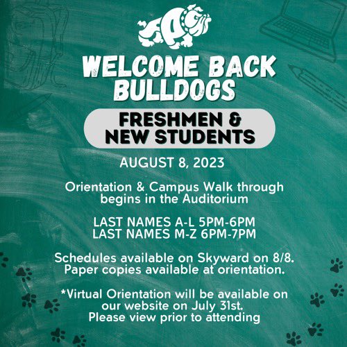 Welcome Back Bulldogs! We can’t wait to have our Freshmen and New Students on campus on August 8.  Visit our website on July 31st to view our virtual orientation as well! <a href="/FlaglerSchools/">FlaglerSchools</a>