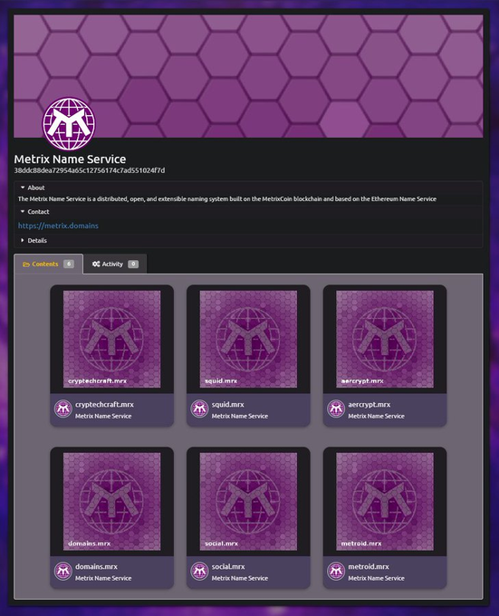 #Metrix Name Service names are available for upload on MetriVerse and will come with a jpeg that features the domain name that you own. These $MNS tokens are also able to be bought and sold now on the marketplace!

Link: metriverse.exchange/app/collection…

#ENS #crypto #defi