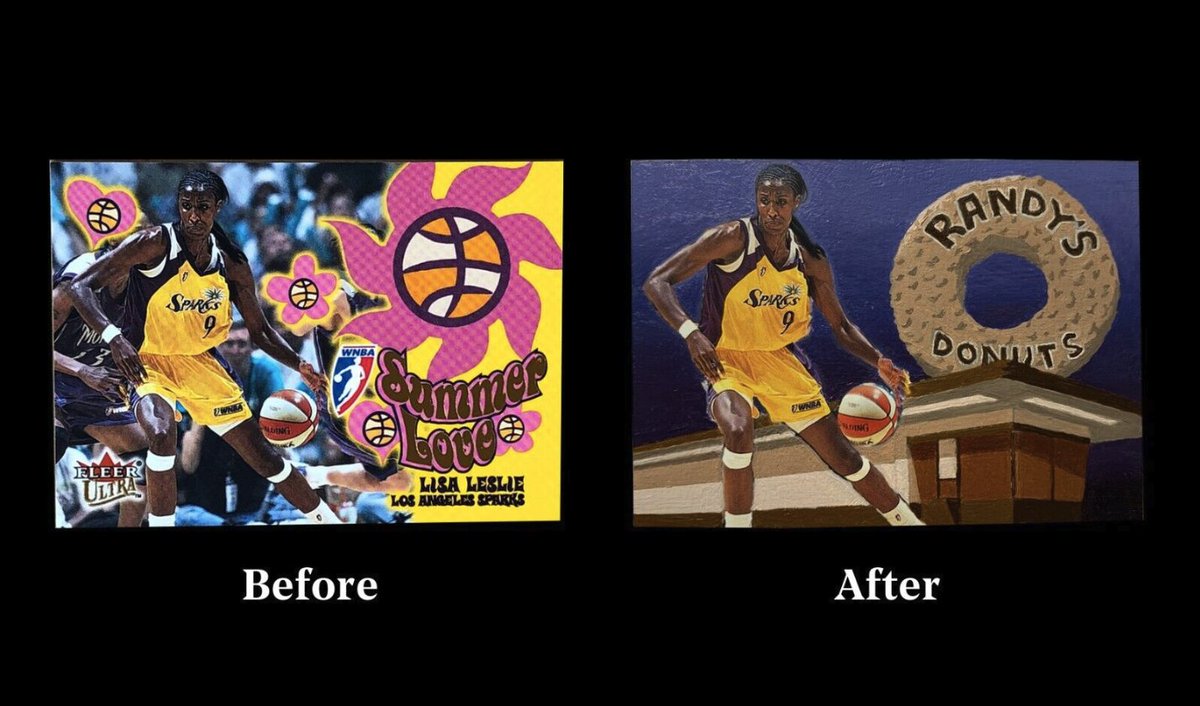 Title:  Better have my donuts!
Medium: Oil paint on authentic 2002 Fleer WNBA Lisa Leslie basketball card #13
TCP Serial Number# 0052
#LisaLeslie
#WNBA 
#LASparks