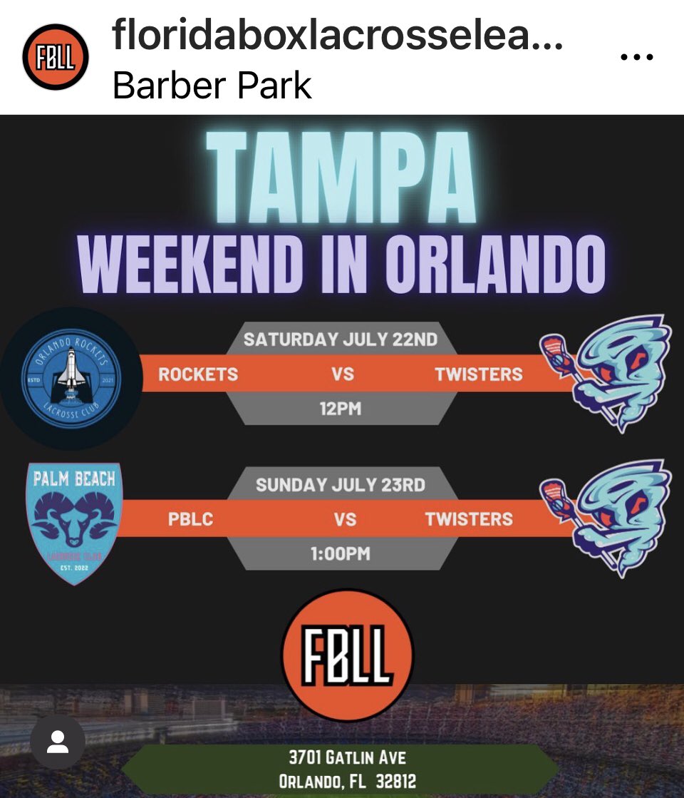 Florida Box Lacrosse League will be played at Barber Park in Orlando this weekend. 
Tampa Twisters take on Orlando Rockets Saturday at Noon
Then Palm Beach Rams on Sunday 1pm
Last week of regular season! 
@FloridaLX 
@TampaLacrosse https://t.co/j1qAnt1pM0