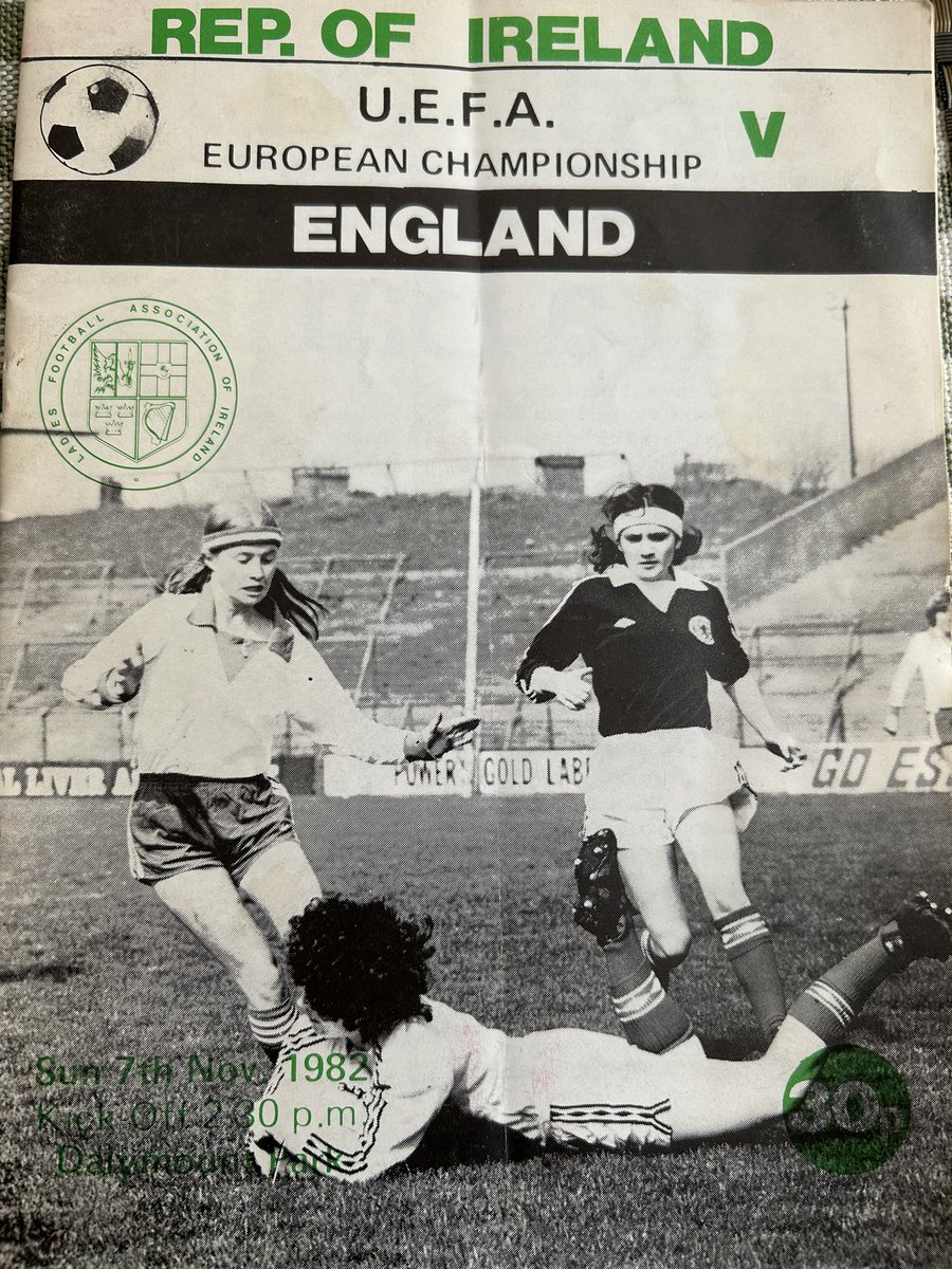 Today is 🇮🇪 first women’s World Cup appearance, v Australia. These women stand on the shoulders of giants, one of whom is my late Mam’s best friend, Ger Slane. Here’s a programme from her 1982 UEFA appearance v England. Couldn’t be prouder… #COYGIG #ThrowbackThursday @FAIreland
