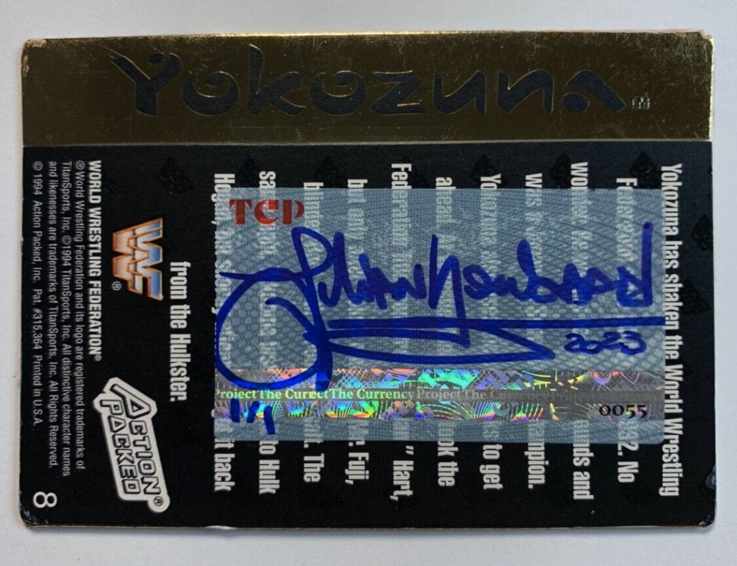 ProjectCurrency's tweet photo. Title:  Yokozuna au pont japonais (After Monet Le pont japonais)
Medium: Oil paint on authentic 1994 Action Packed WWF Yokozuna wrestling card #8
TCP Serial Number# 0055
#Yokozuna
#WWF 
#ClaudeMonet
#TheCurrency #TheCurrencyProject https://t.co/4Mxo6ptIOn