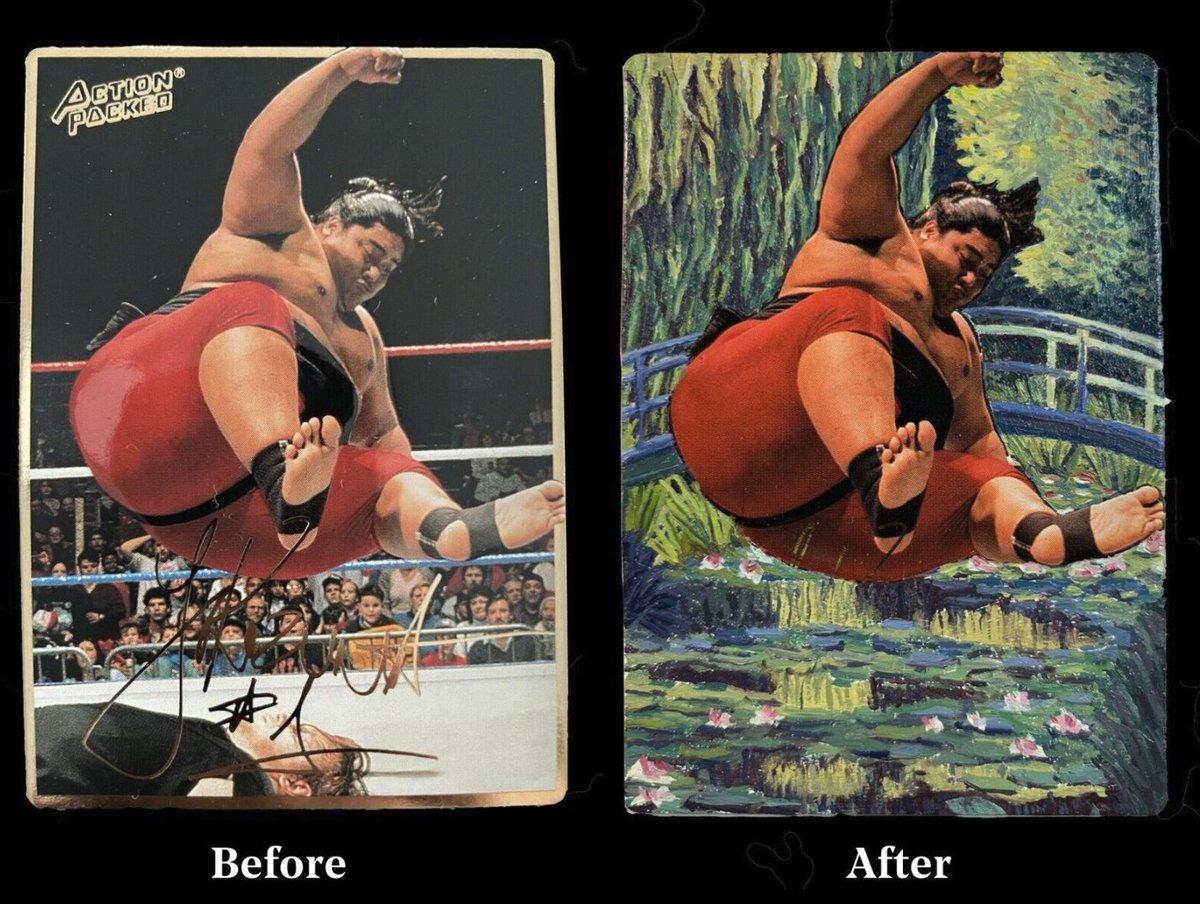 Title:  Yokozuna au pont japonais (After Monet Le pont japonais)
Medium: Oil paint on authentic 1994 Action Packed WWF Yokozuna wrestling card #8
TCP Serial Number# 0055
#Yokozuna
#WWF 
#ClaudeMonet
#TheCurrency #TheCurrencyProject