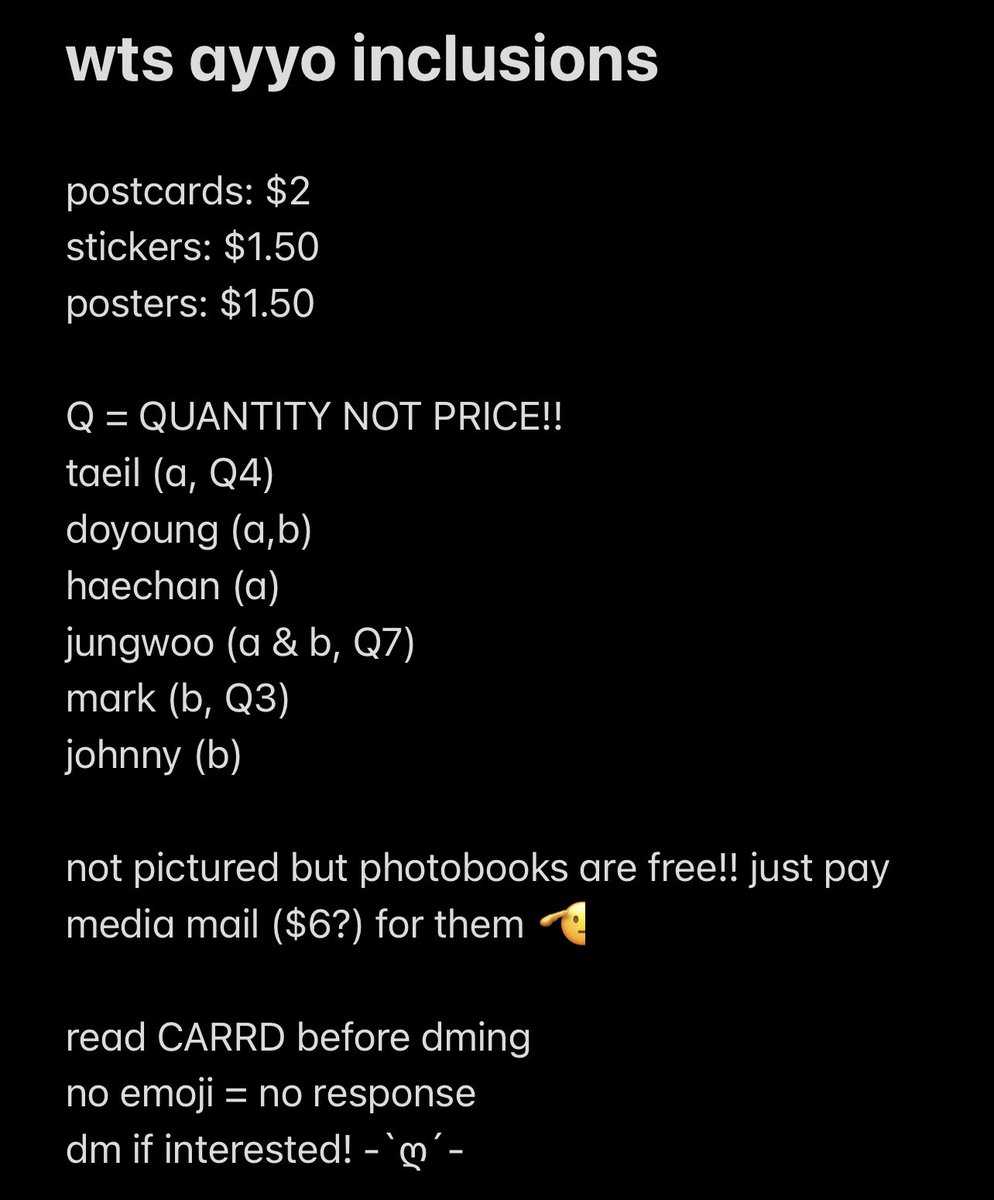 encitymoonsales's tweet photo. wts or wtt nct ayyo / candy album / pob pcs / inclusions 

sales : ww open
trades: usa / can only 

not pictured but photobooks are free!! just pay SHIPPING (media mail $6?) for them 🫡 

read CARRD before dming 
no emoji = no response 
dm if interested! -`ღ´- https://t.co/6qzEsEtJ5x
