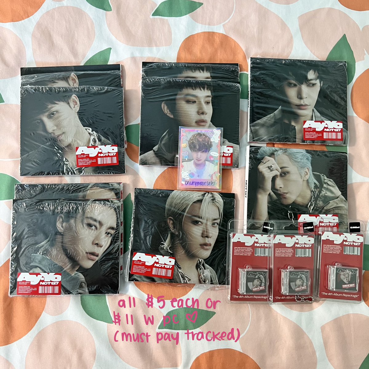 encitymoonsales's tweet photo. wts or wtt nct ayyo / candy album / pob pcs / inclusions 

sales : ww open
trades: usa / can only 

not pictured but photobooks are free!! just pay SHIPPING (media mail $6?) for them 🫡 

read CARRD before dming 
no emoji = no response 
dm if interested! -`ღ´- https://t.co/6qzEsEtJ5x