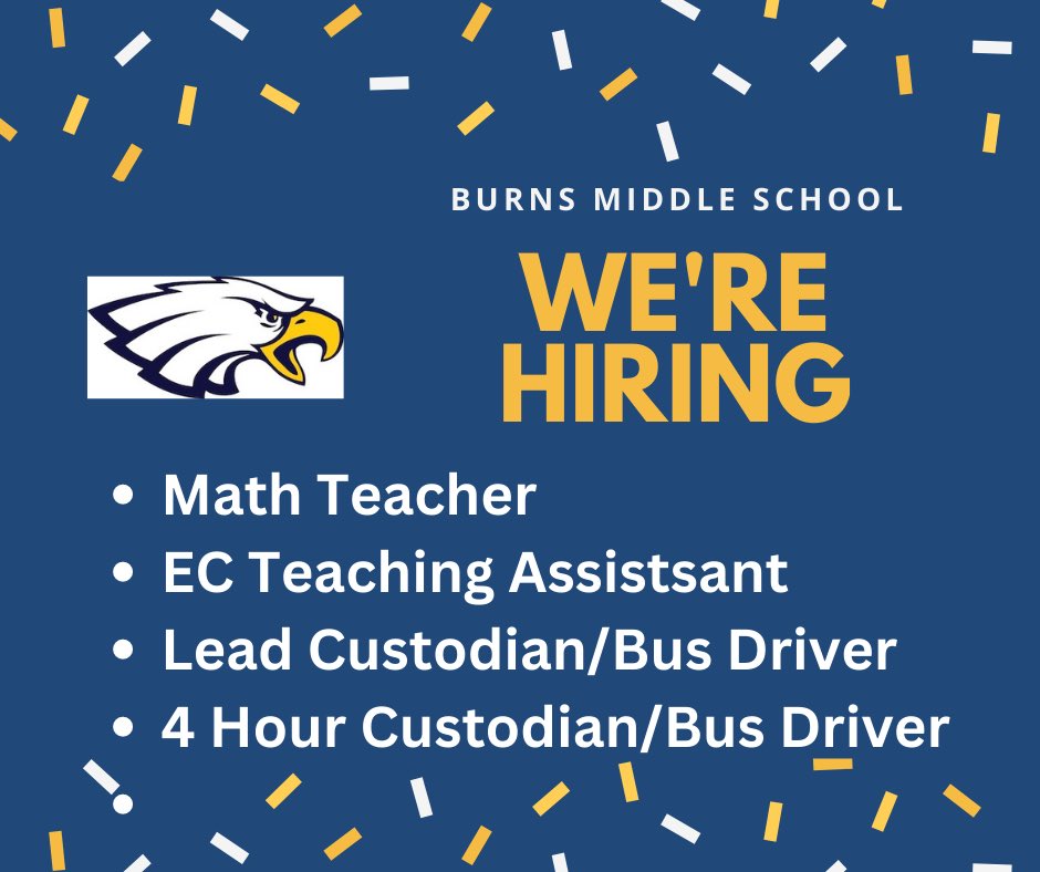 Do you know any outstanding individuals who would make excellent additions to our Burns Middle team? We have a few positions open. We invite anyone that is interested to apply at the link below: 
…andcountyschools.ss19.sharpschool.com/team_ccs/join_…
