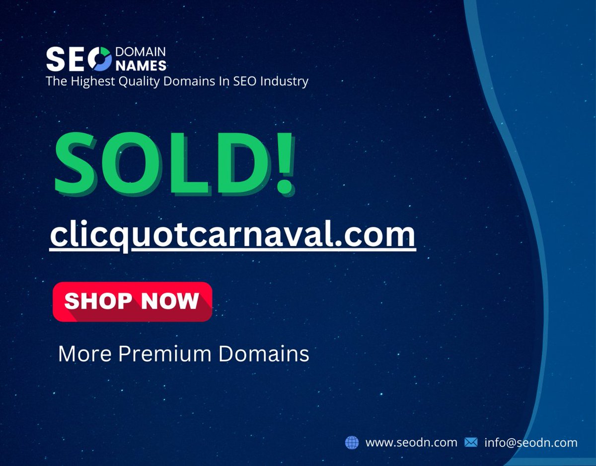 iamrvrajput's tweet image. SEO Domain Names Sold - clicquotcarnaval.com
.com Domain Name Sold
Congrats to Both Parties Involved

Check Out More Premium Expired Domains at seodn.com 
#seodn #domainsforsale #domainsales #seoservices #seodomains#domainnameforsale #domainbroker #domaining #seo