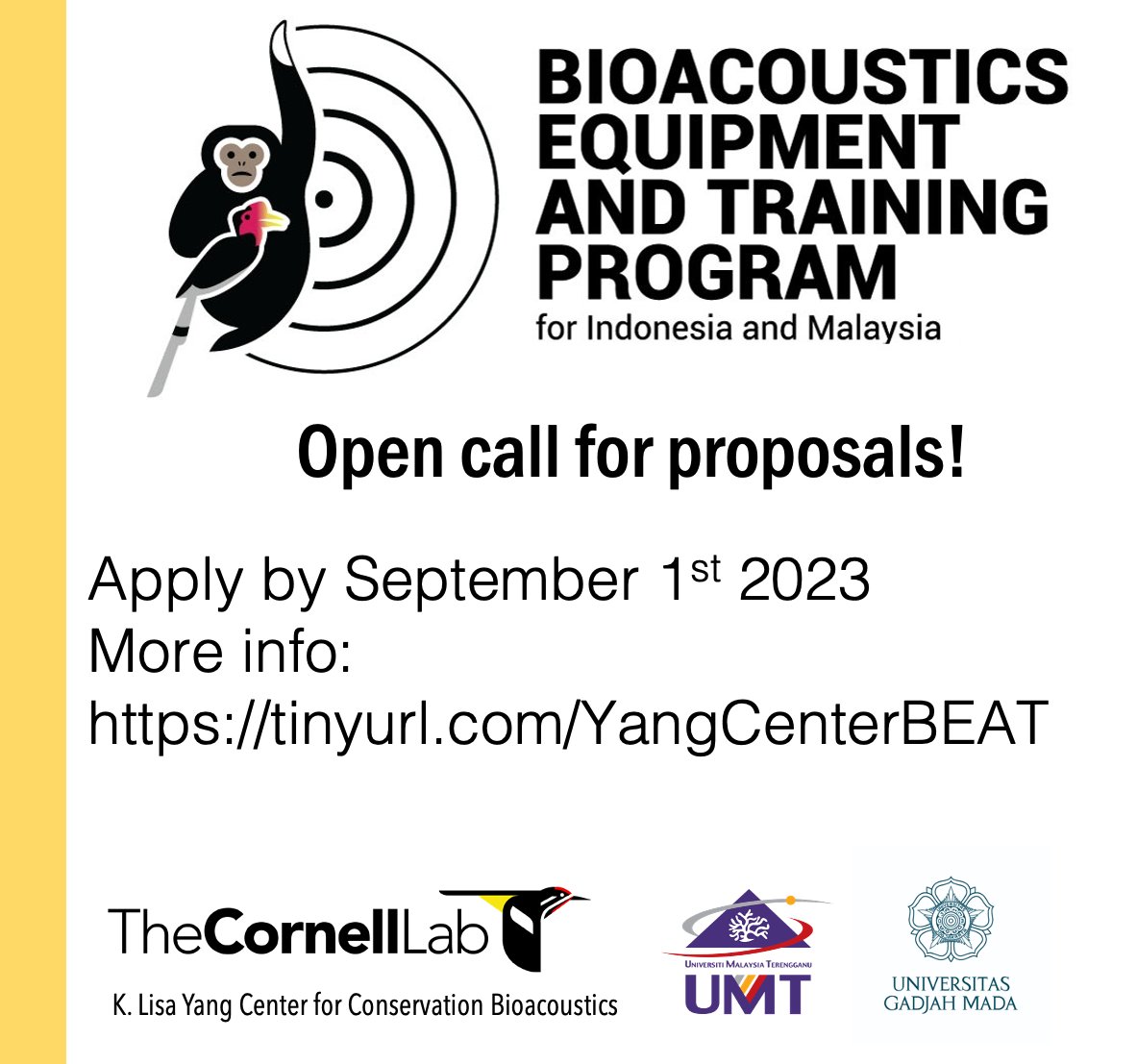 Larissa Sayuri M. Sugai (@sadjuri) on Twitter photo The <a href="/CornellSounds/">Yang Center for Conservation Bioacoustics</a>’s Bioacoustics Equipment and Training Program - Indonesia and Malaysia is OPEN! Local teams interested in conservation-oriented acoustic monitoring projects are welcome to apply!
tinyurl.com/YangCenterBEAT The <a href="/CornellSounds/">Yang Center for Conservation Bioacoustics</a>’s Bioacoustics Equipment and Training Program - Indonesia and Malaysia is OPEN! Local teams interested in conservation-oriented acoustic monitoring projects are welcome to apply!
tinyurl.com/YangCenterBEAT