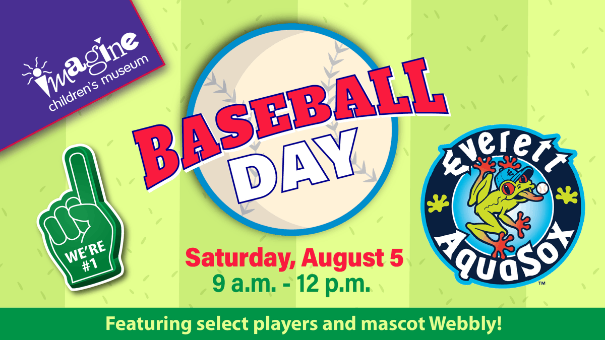 ✨⚾️✨Have you ever wondered how a curveball curves?
Or how the sweet spot of the bat produces a home run?

Investigate the science of baseball with baseball-themed STEM activities on Baseball Day at Imagine with the Everett AquaSox!

Saturday, August 5
9 a.m. – 12 p.m.